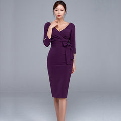 Pencil Skirt Sexy V-neck High Waist Elegant Work Party Dress Women - Mubimart - Work Dress 