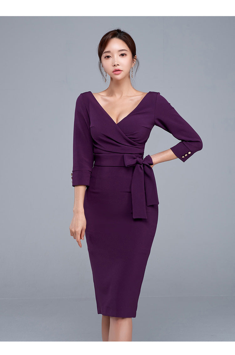 Pencil Skirt Sexy V-neck High Waist Elegant Work Party Dress Women - Mubimart -  