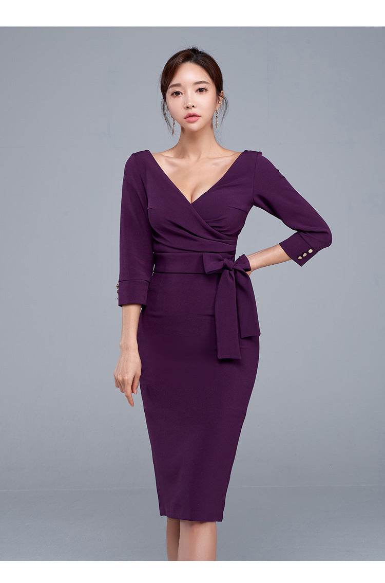 Pencil Skirt Sexy V-neck High Waist Elegant Work Party Dress Women - Mubimart