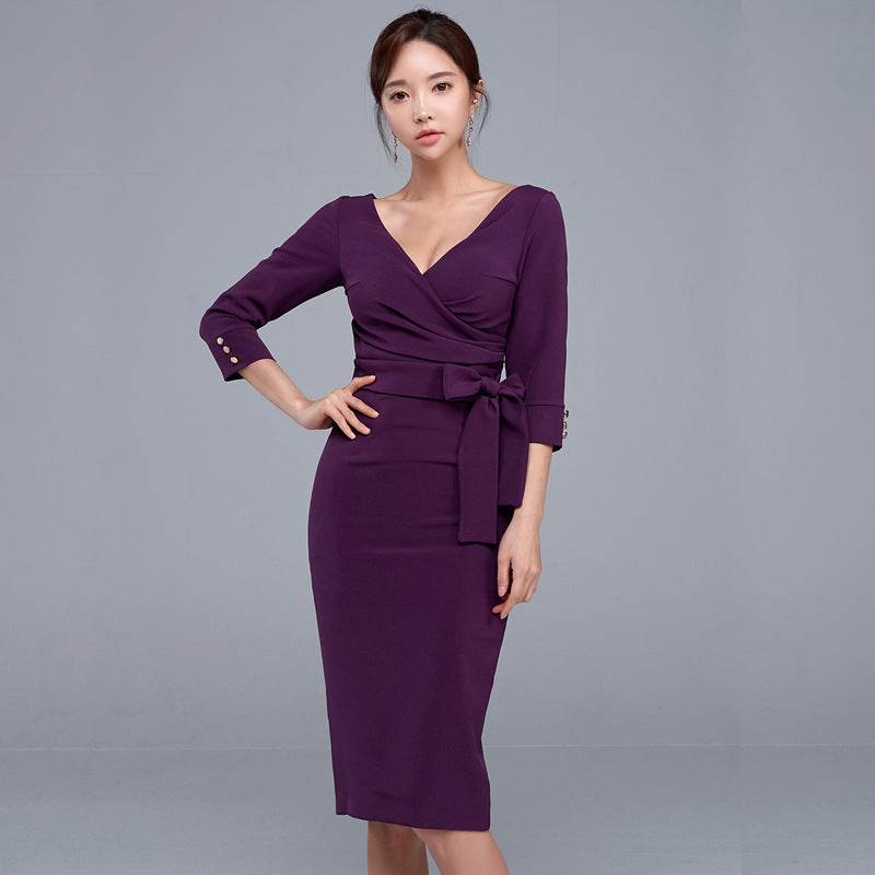 Pencil Skirt Sexy V-neck High Waist Elegant Work Party Dress Women - Mubimart