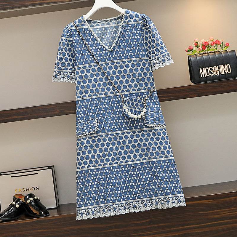 Plus Size Women's Denim Embroidered Dress - Mubimart