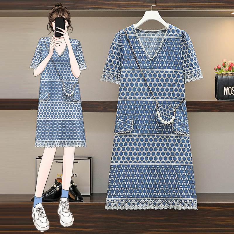 Plus Size Women's Denim Embroidered Dress - Mubimart
