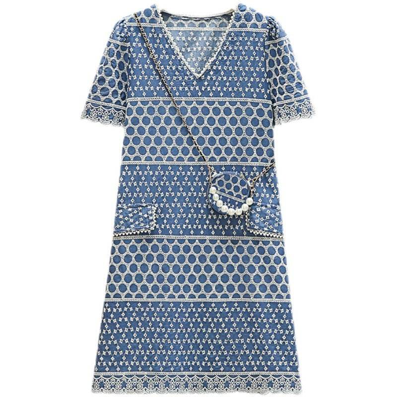 Plus Size Women's Denim Embroidered Dress - Mubimart