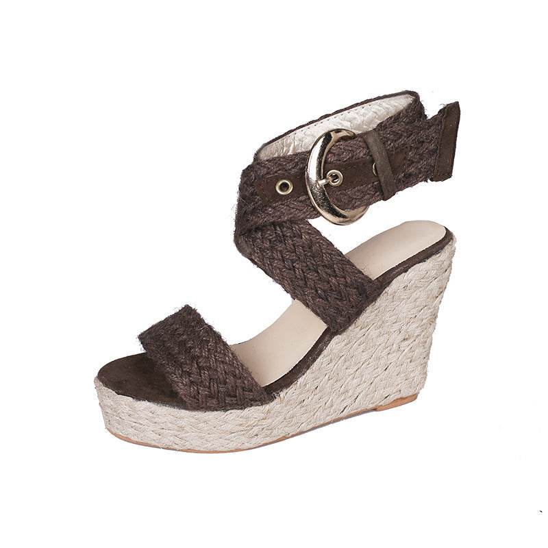 Large Size Wedge Sandals Women's Solid Color Linen High Heels - Mubimart