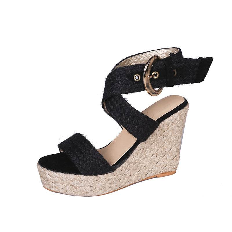 Large Size Wedge Sandals Women's Solid Color Linen High Heels - Mubimart