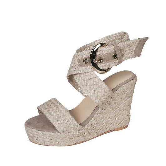 Large Size Wedge Sandals Women's Solid Color Linen High Heels - Mubimart