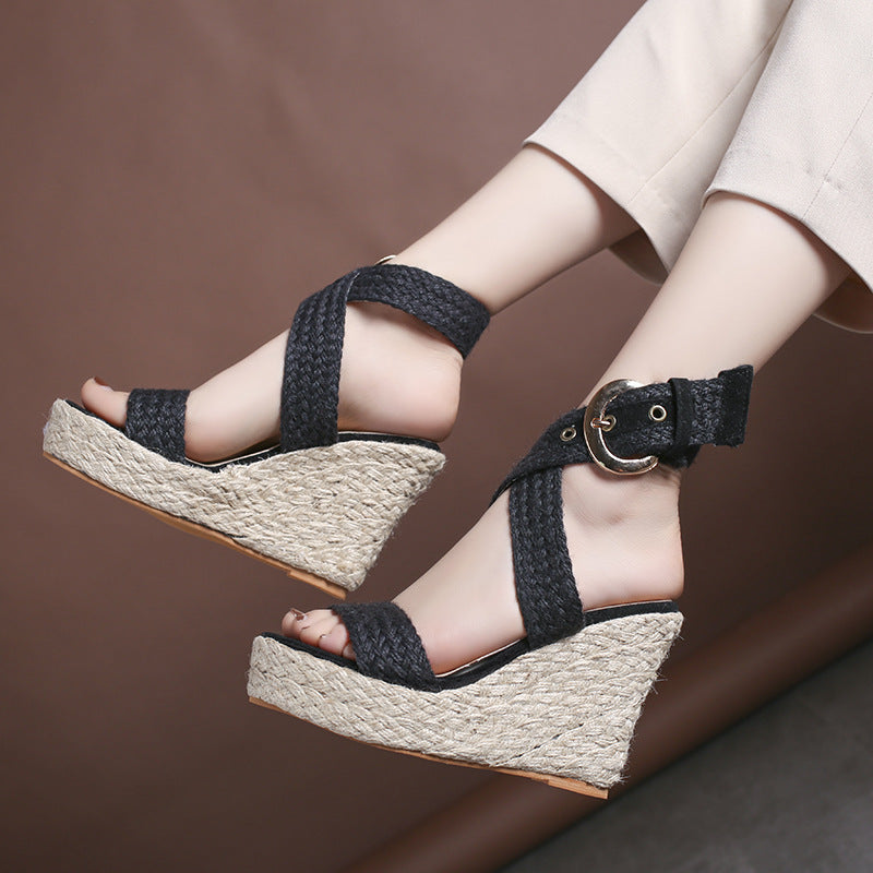 Large Size Wedge Sandals Women's Solid Color Linen High Heels