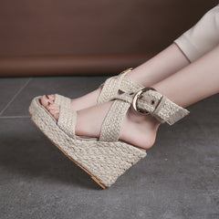 Large Size Wedge Sandals Women's Solid Color Linen High Heels