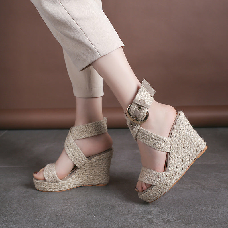 Large Size Wedge Sandals Women's Solid Color Linen High Heels