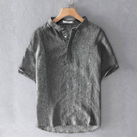 Linen Striped Short Sleeve Shirt Summer Retro Shirt Breathable Linen Linen Cotton Linen Square Collar T-shirt - Mubimart