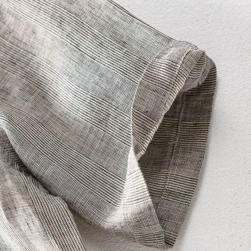 Linen Striped Short Sleeve Shirt Summer Retro Shirt Breathable Linen Linen Cotton Linen Square Collar T-shirt - Mubimart