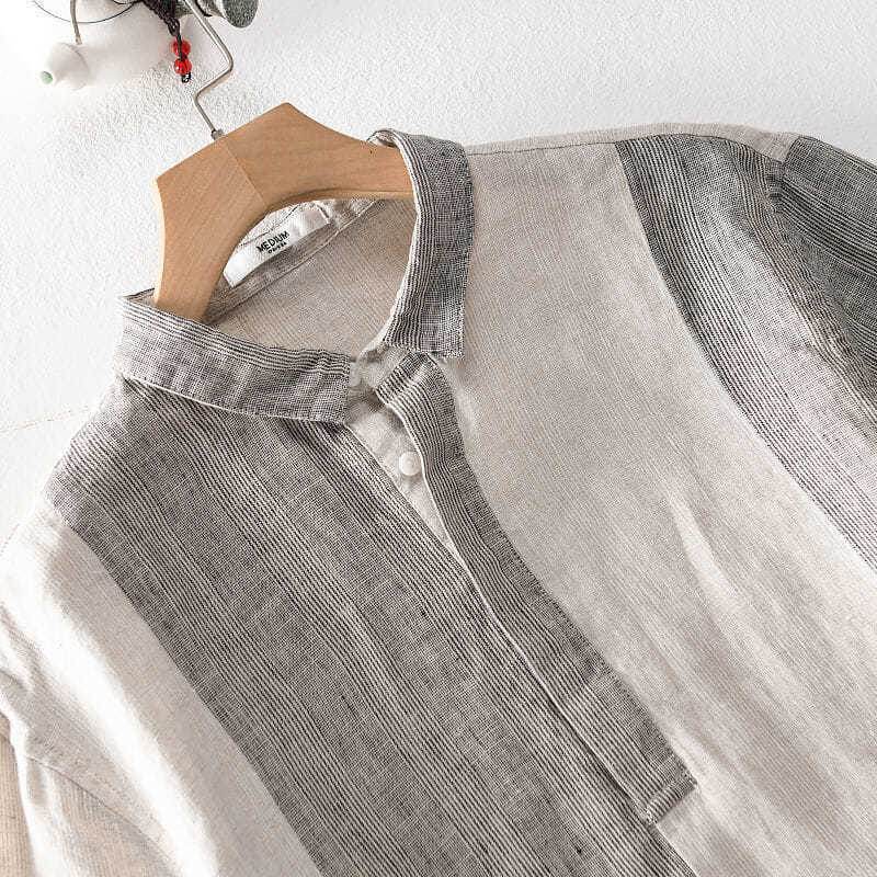 Linen Striped Short Sleeve Shirt Summer Retro Shirt Breathable Linen Linen Cotton Linen Square Collar T-shirt - Mubimart