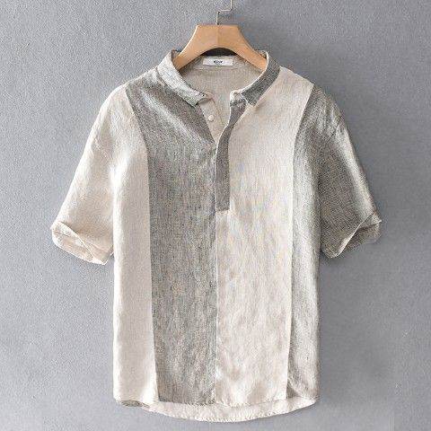 Linen Striped Short Sleeve Shirt Summer Retro Shirt Breathable Linen Linen Cotton Linen Square Collar T-shirt - Mubimart