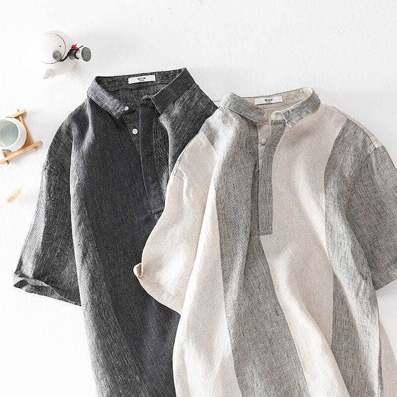 Linen Striped Short Sleeve Shirt Summer Retro Shirt Breathable Linen Linen Cotton Linen Square Collar T-shirt - Mubimart