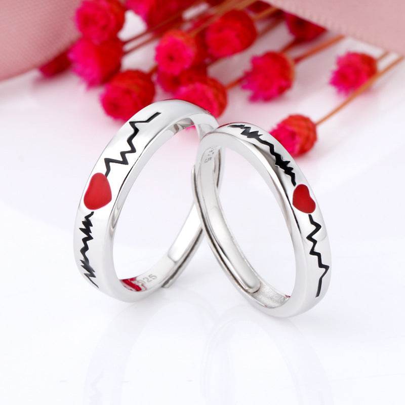 Electrocardiogram Couple Ring Love Adjustable Epoxy Men And Women Pair Ring Simple Ring - Mubimart