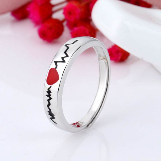 Electrocardiogram Couple Ring Love Adjustable Epoxy Men And Women Pair Ring Simple Ring - Mubimart