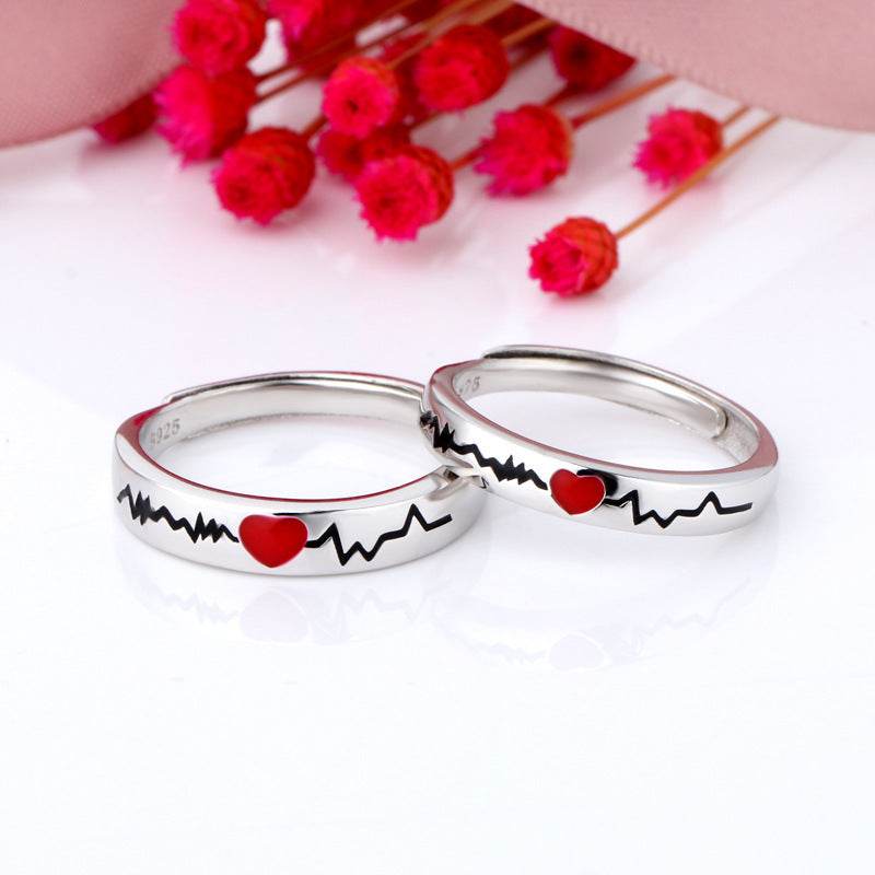 Electrocardiogram Couple Ring Love Adjustable Epoxy Men And Women Pair Ring Simple Ring - Mubimart