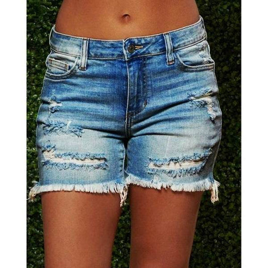 New Style Ripped Fringed High Stretch Denim Shorts Women - Mubimart