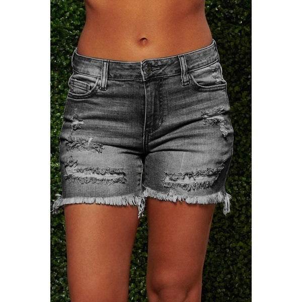 New Style Ripped Fringed High Stretch Denim Shorts Women - Mubimart