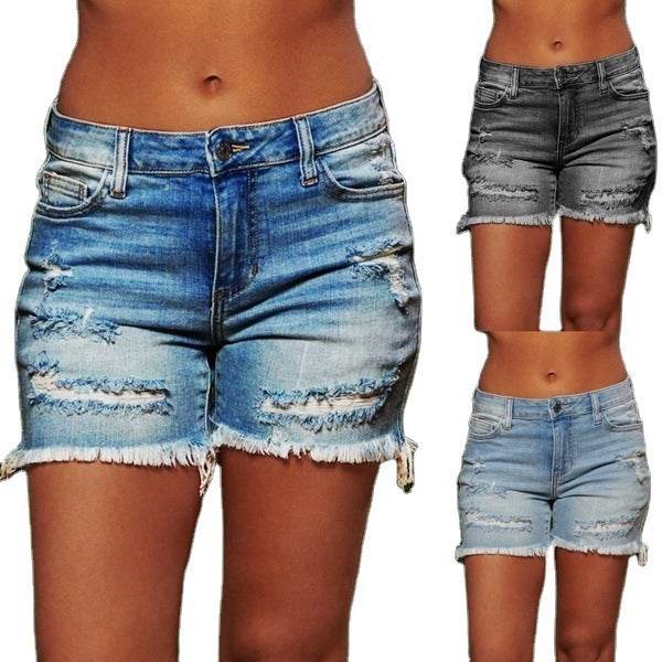 New Style Ripped Fringed High Stretch Denim Shorts Women - Mubimart