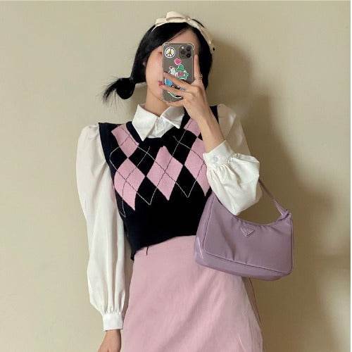 Lingge V-Neck Vest Sweater Vest Women - Mubimart