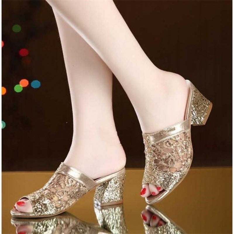 Mules Heeled Sandals Mules Sparkly Sequin Chunky Heel Peep-toe Lace Shoes Daily Party