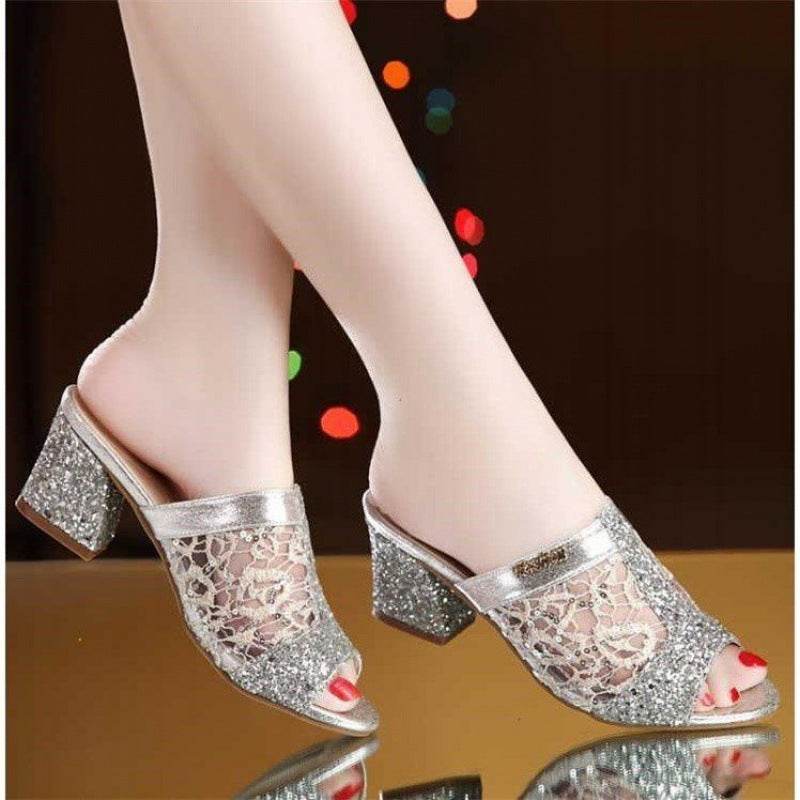 Mules Heeled Sandals Mules Sparkly Sequin Chunky Heel Peep-toe Lace Shoes Daily Party - Mubimart