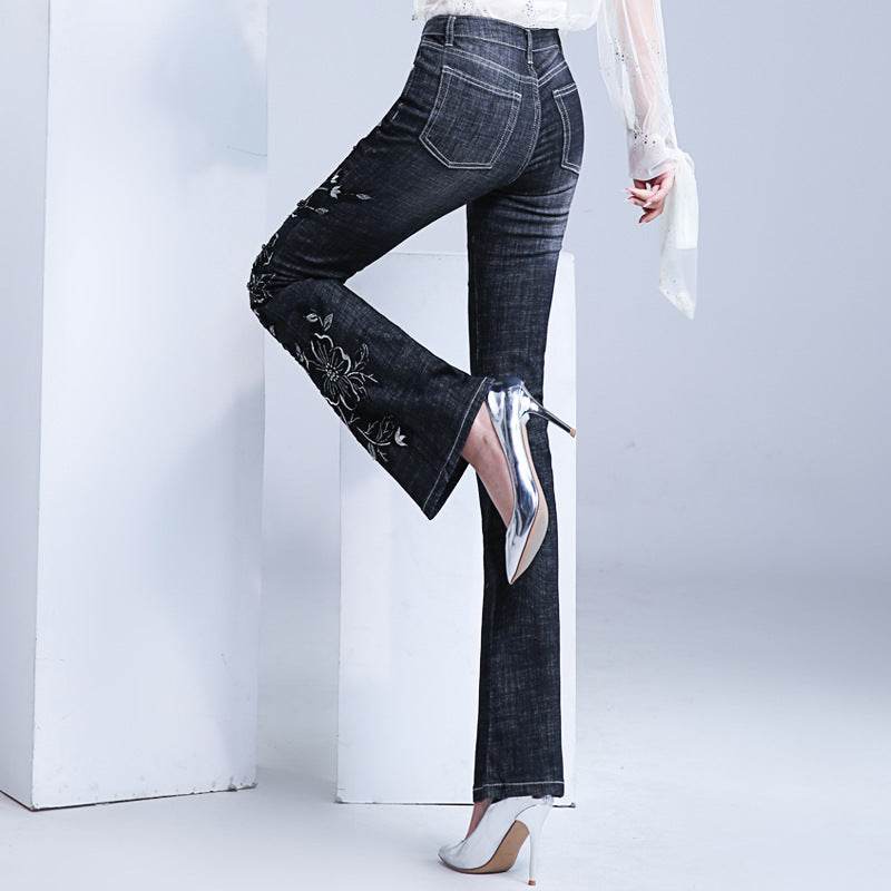 Women's Embroidered Bootcut Jeans High Waist Slim Fit Flared Trousers - Mubimart