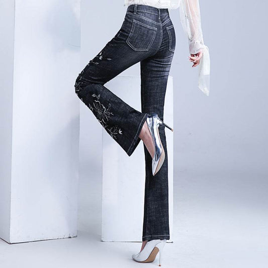 Women's Embroidered Bootcut Jeans High Waist Slim Fit Flared Trousers - Mubimart