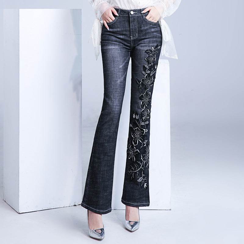 Women's Embroidered Bootcut Jeans High Waist Slim Fit Flared Trousers - Mubimart