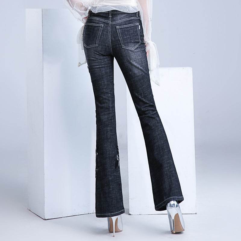 Women's Embroidered Bootcut Jeans High Waist Slim Fit Flared Trousers - Mubimart