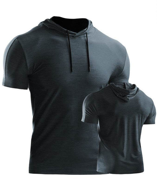 Mens Muscle Hooded Hoodies Short Sleeve T-shirt Sports GYM Slim Fit Tops Blouse - Mubimart