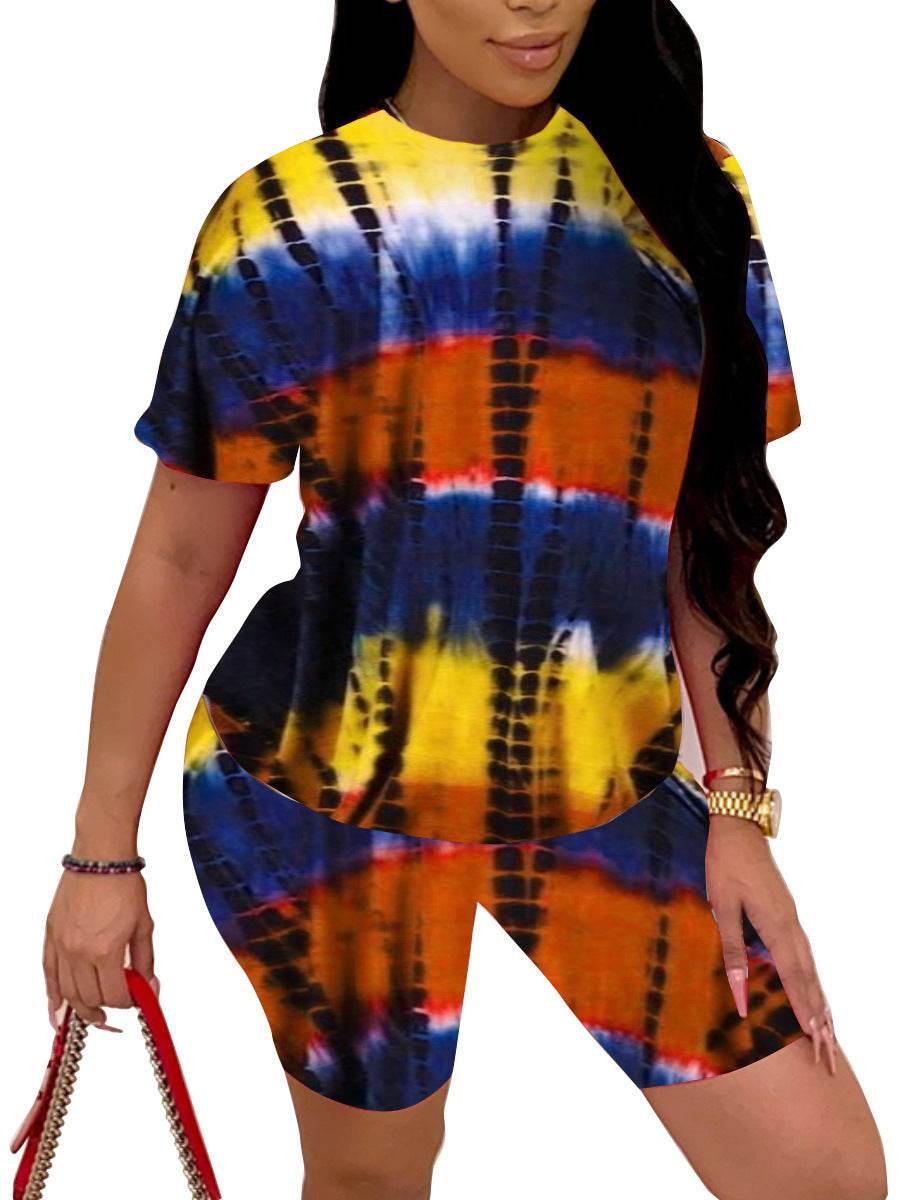Tie-Dye Printed Pajama Sets Womens Summer Slim Casual Sleep Short Sleeve Shorts Sports Suit Loungewear Women Pigiama Donna - Mubimart