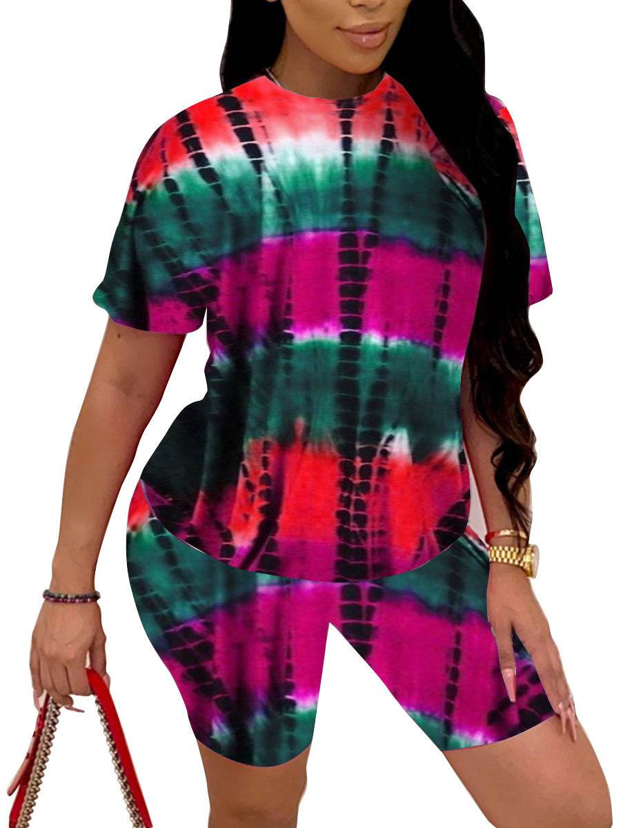 Tie-Dye Printed Pajama Sets Womens Summer Slim Casual Sleep Short Sleeve Shorts Sports Suit Loungewear Women Pigiama Donna - Mubimart