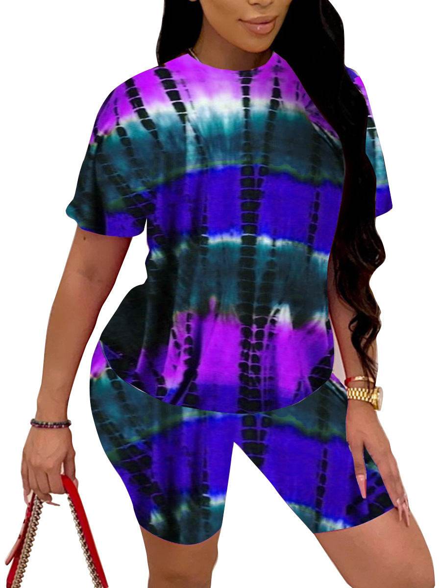 Tie-Dye Printed Pajama Sets Womens Summer Slim Casual Sleep Short Sleeve Shorts Sports Suit Loungewear Women Pigiama Donna - Mubimart