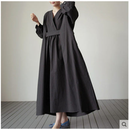 Loose Plus Size Dress Korean Version Over The Knee Long Pullover Shirt Temperament College Style Female V-neck Base Skirt - Mubimart - Shirt Dress 