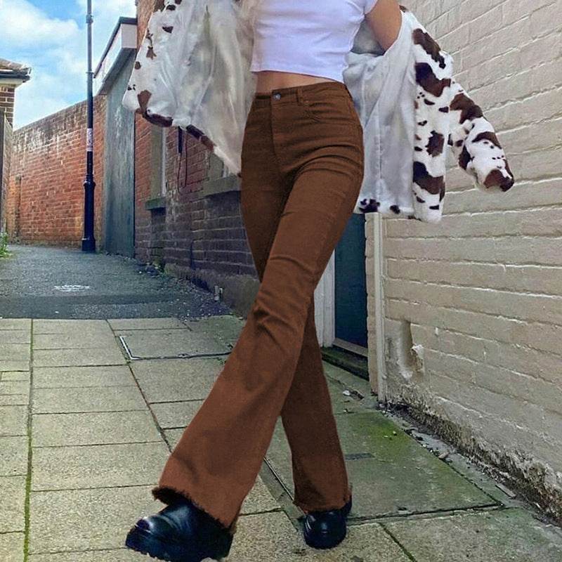 British Style Retro Brown High Waist Stretch Bootcut Jeans Women Casual Pants - Mubimart