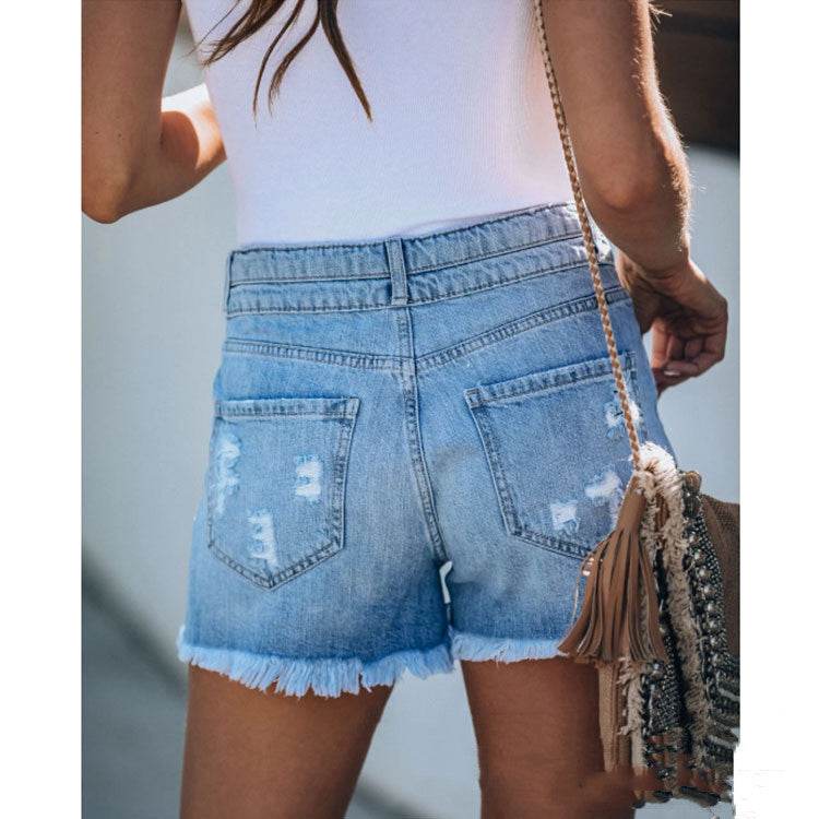 Fringed Denim Shorts Ripped Stitching Ladies Jeans Shorts Women - Mubimart