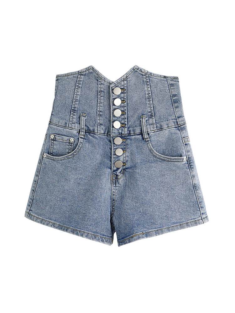 Breasted Denim Shorts For Women''s Summer New Slim Ultra-High Waist Tuck - Mubimart