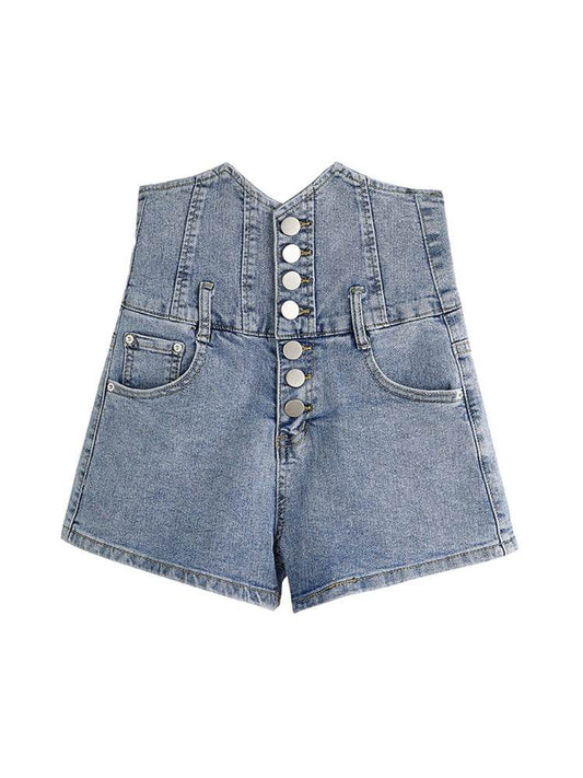 Breasted Denim Shorts For Women''s Summer New Slim Ultra-High Waist Tuck - Mubimart