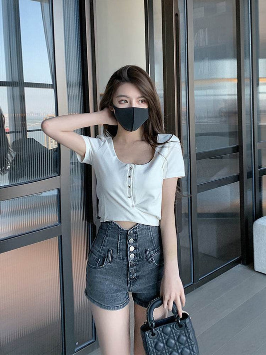 Breasted Denim Shorts For Women''s Summer New Slim Ultra-High Waist Tuck - Mubimart