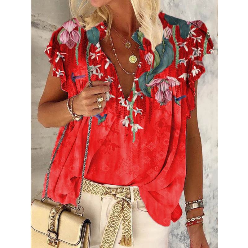 V-neck Printed Short-sleeved T-shirt Plus Size Top - Mubimart