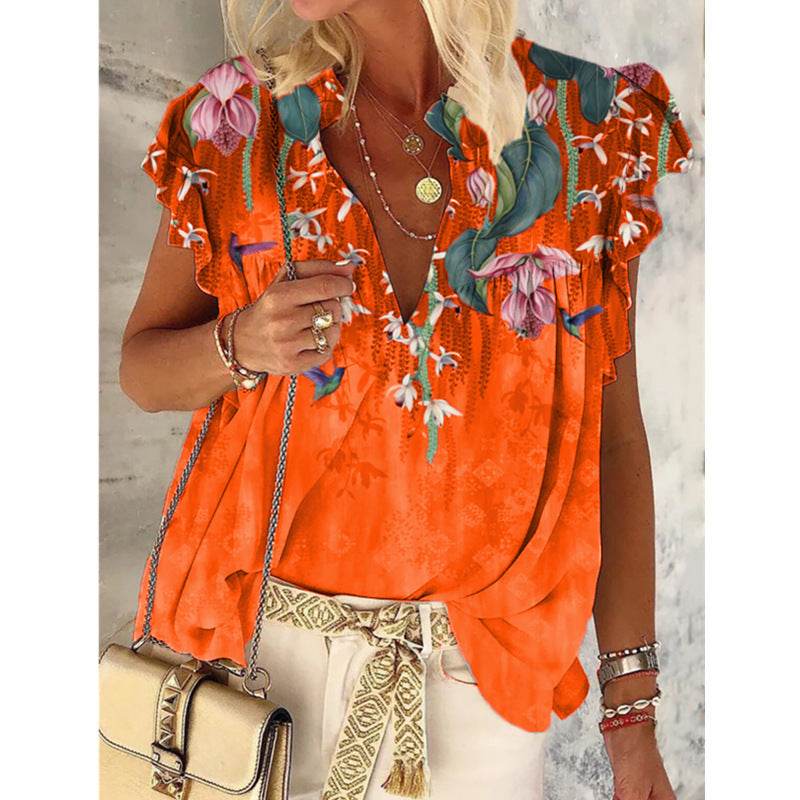 V-neck Printed Short-sleeved T-shirt Plus Size Top - Mubimart