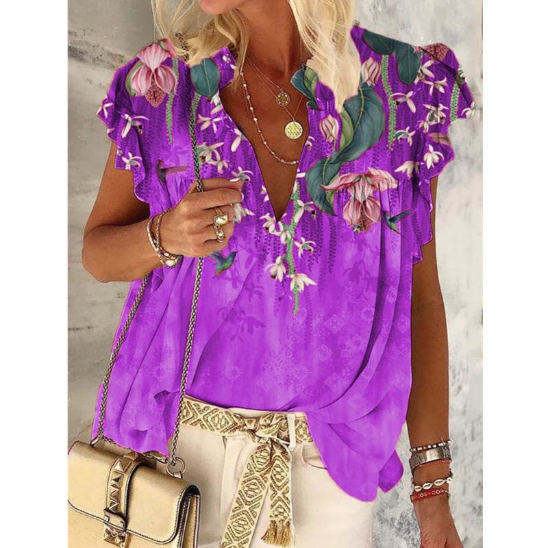 V-neck Printed Short-sleeved T-shirt Plus Size Top - Mubimart