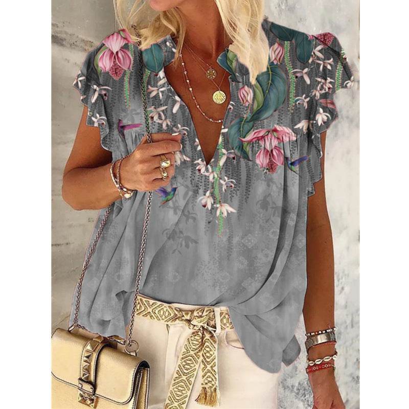V-neck Printed Short-sleeved T-shirt Plus Size Top - Mubimart