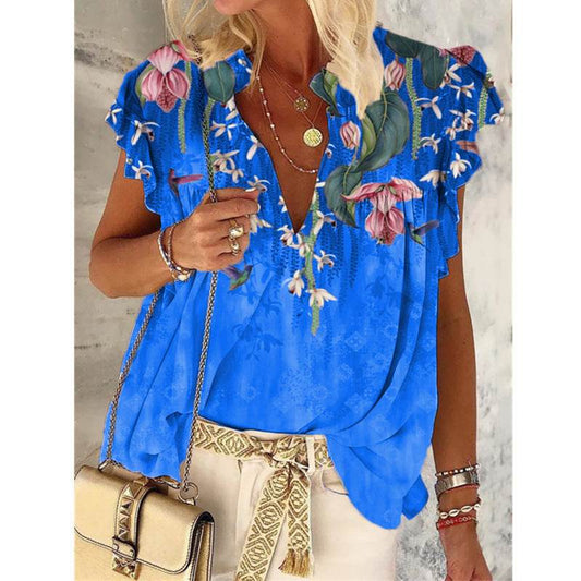 V-neck Printed Short-sleeved T-shirt Plus Size Top - Mubimart