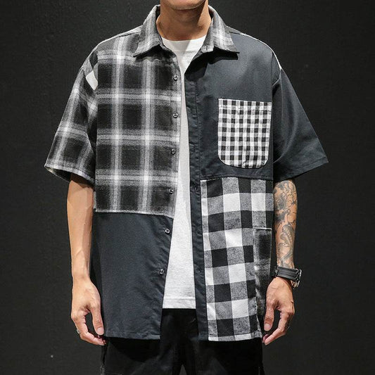 Plaid Shirt Loose Contrast Color Asymmetric Stitching Shirt Jacket - Mubimart