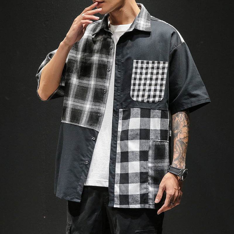 Plaid Shirt Loose Contrast Color Asymmetric Stitching Shirt Jacket - Mubimart