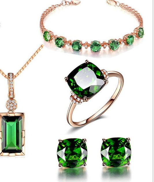 Lucky Four-leaf Clover Bracelet Emerald Green Gemstone Ring Square Crystal Four-claw Earrings Green Tourmaline Gemstone Pendant - Mubimart