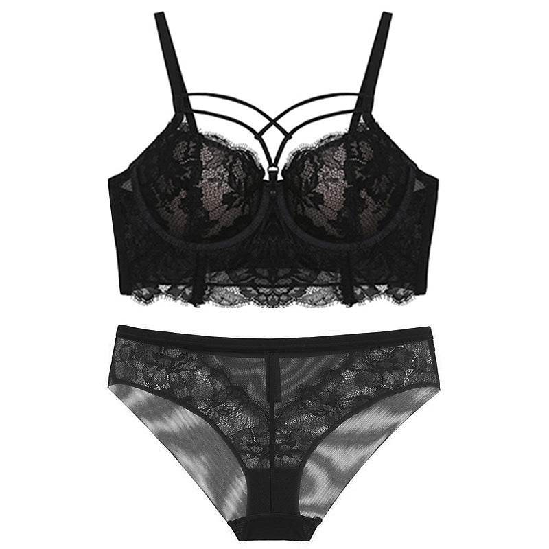 Lingerie Feminine Lace Bra Set With Underwire Bra - Mubimart